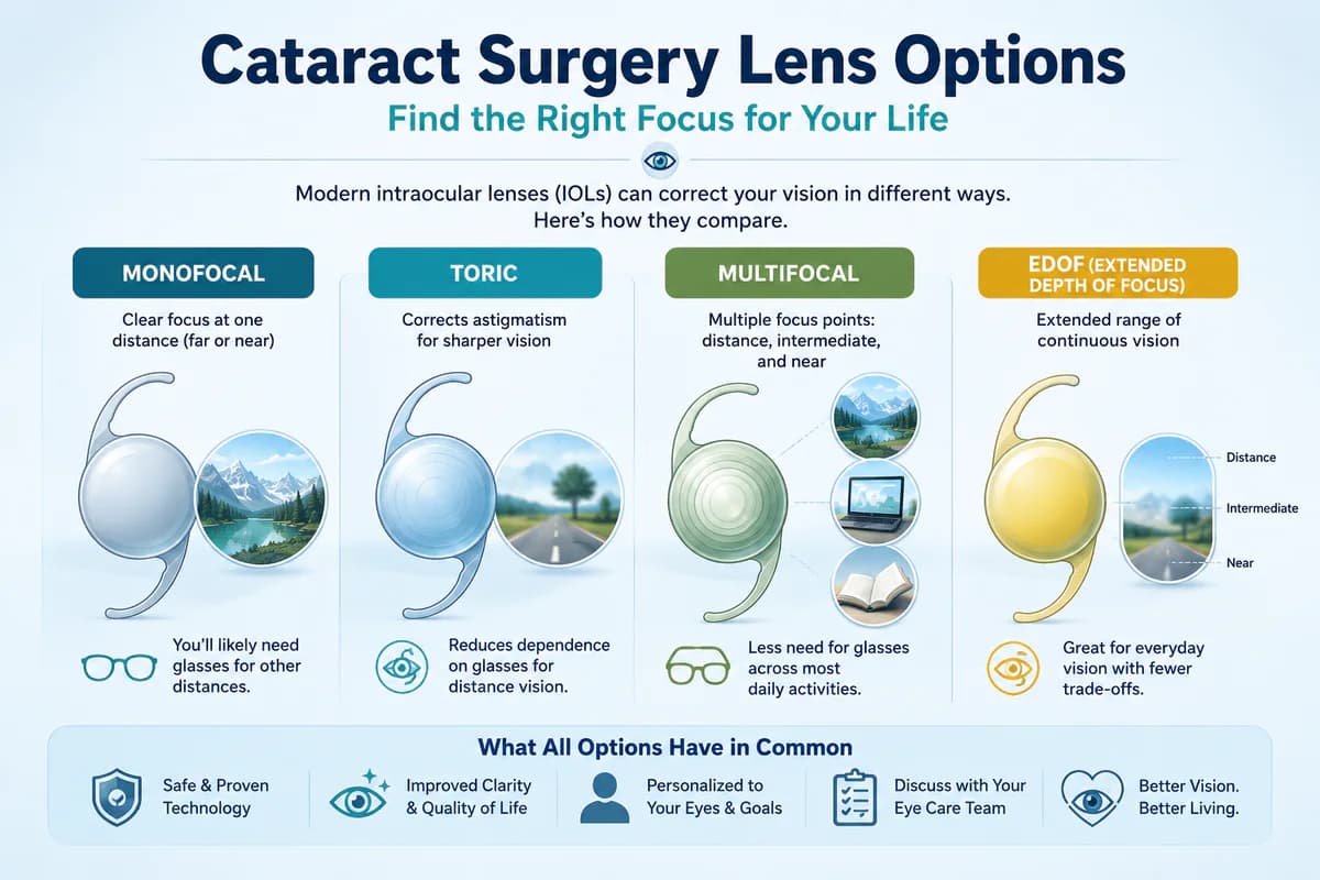 Cataract surgery lens options comparison showing monofocal, toric, multifocal, and EDOF lenses